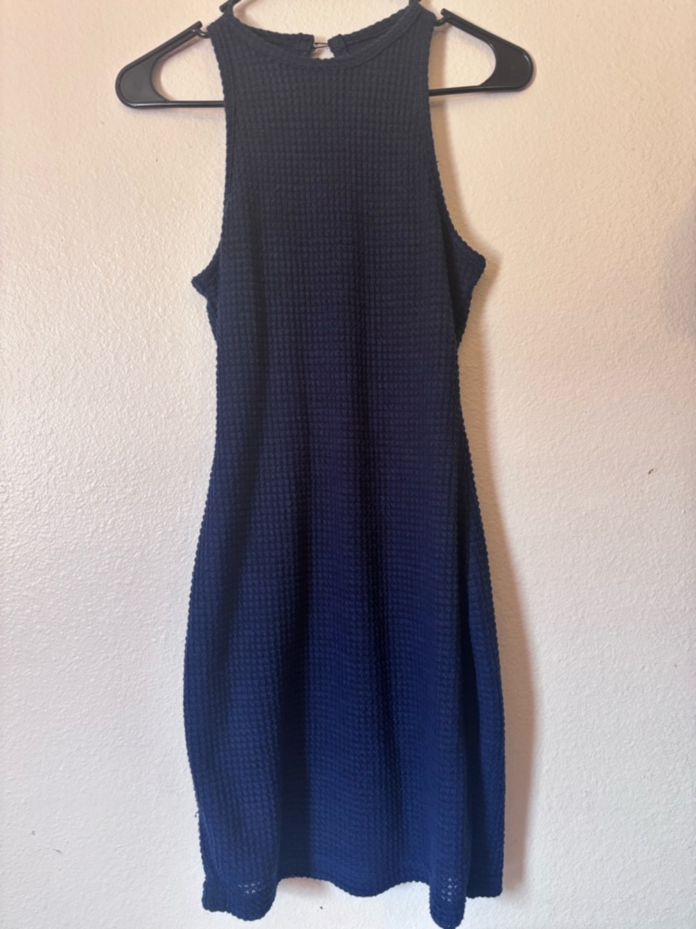 Woman’s Navy Blue Textured Midi Dress, Pearl Closure on Back, Size S